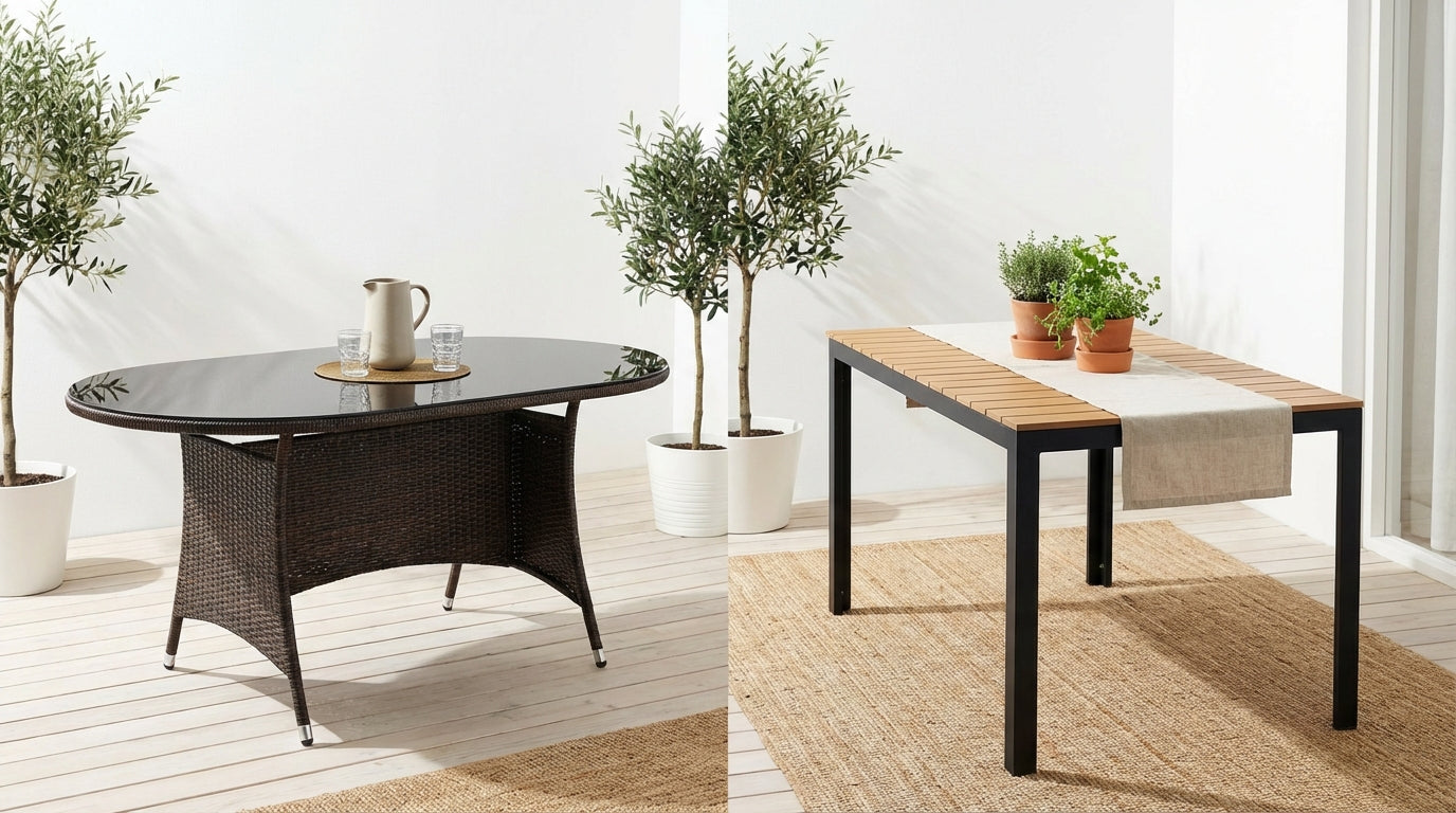 Stoły do ogrodu i na balkon - eleganckie stoły do outdoorowego użytku z roślinami w tle.