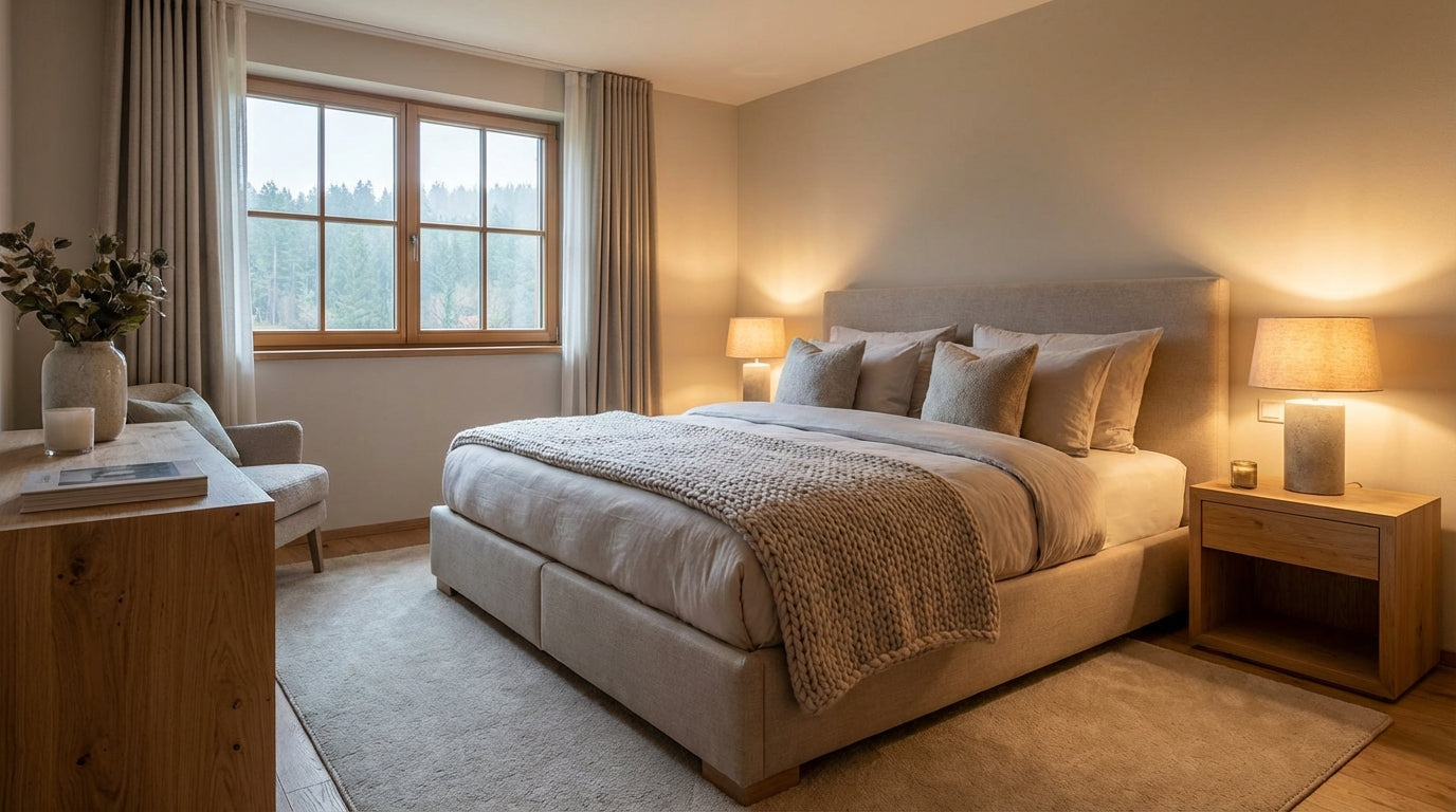 Łóżka podwójne w nowoczesnej sypialni z dużym oknem i ciepłym oświetleniem.