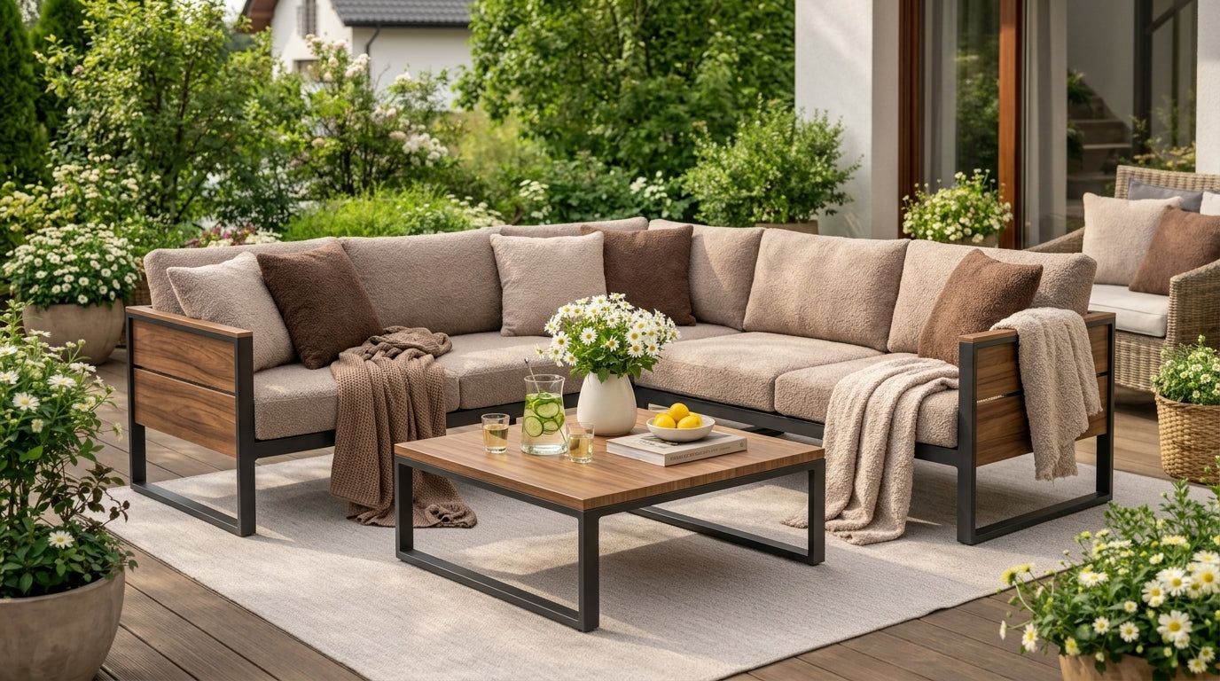 Ogród i balkon: stylowy zestaw wypoczynkowy na tarasie z kwiatami i dodatkami.