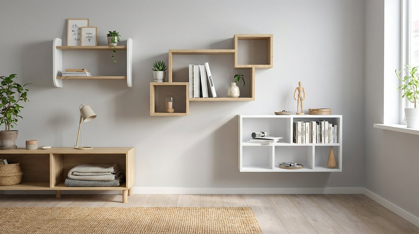 Stylowe półki ścienne w nowoczesnym wnętrzu, idealne do organizacji i dekoracji przestrzeni.