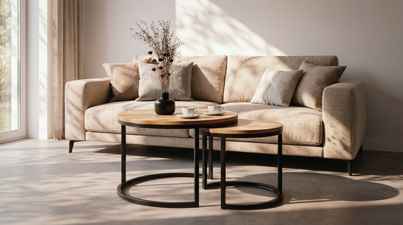 Zestawy stolików w nowoczesnym salonie z beżową kanapą i minimalistycznym wystrojem.