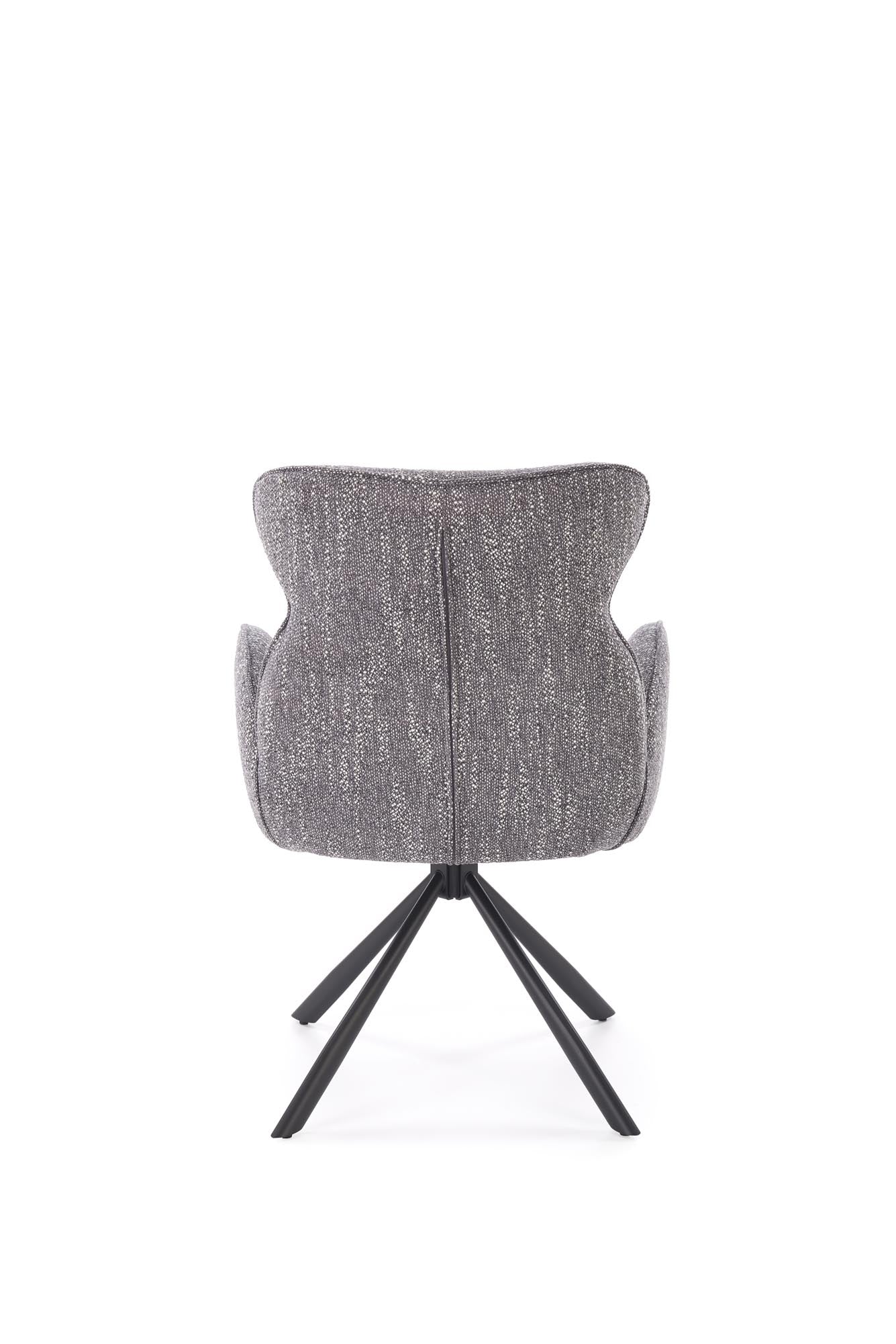 Krzesło PUCHATEK – eleganckie, obrotowe krzesło tapicerowane w popielatym odcieniu z widokiem z tylu.