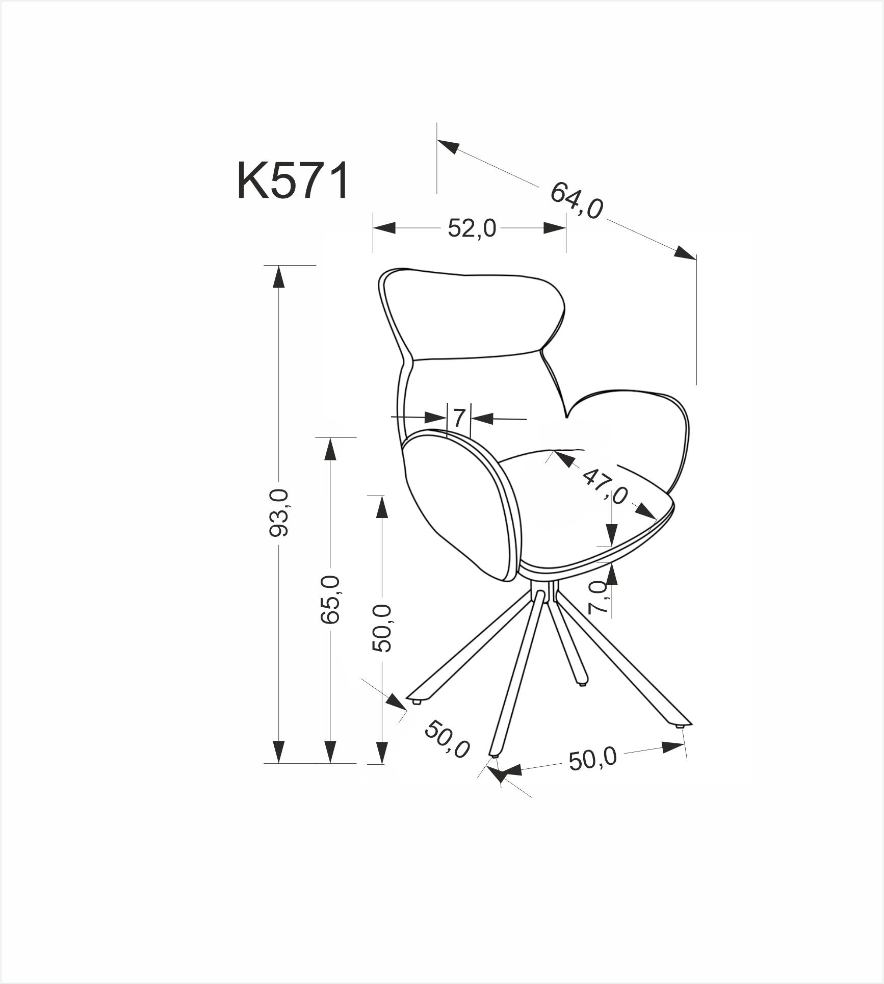 Krzesło PUCHATEK – eleganckie, obrotowe krzesło tapicerowane w popielatym odcieniu, rysunek techniczny K571 z wymiarami.