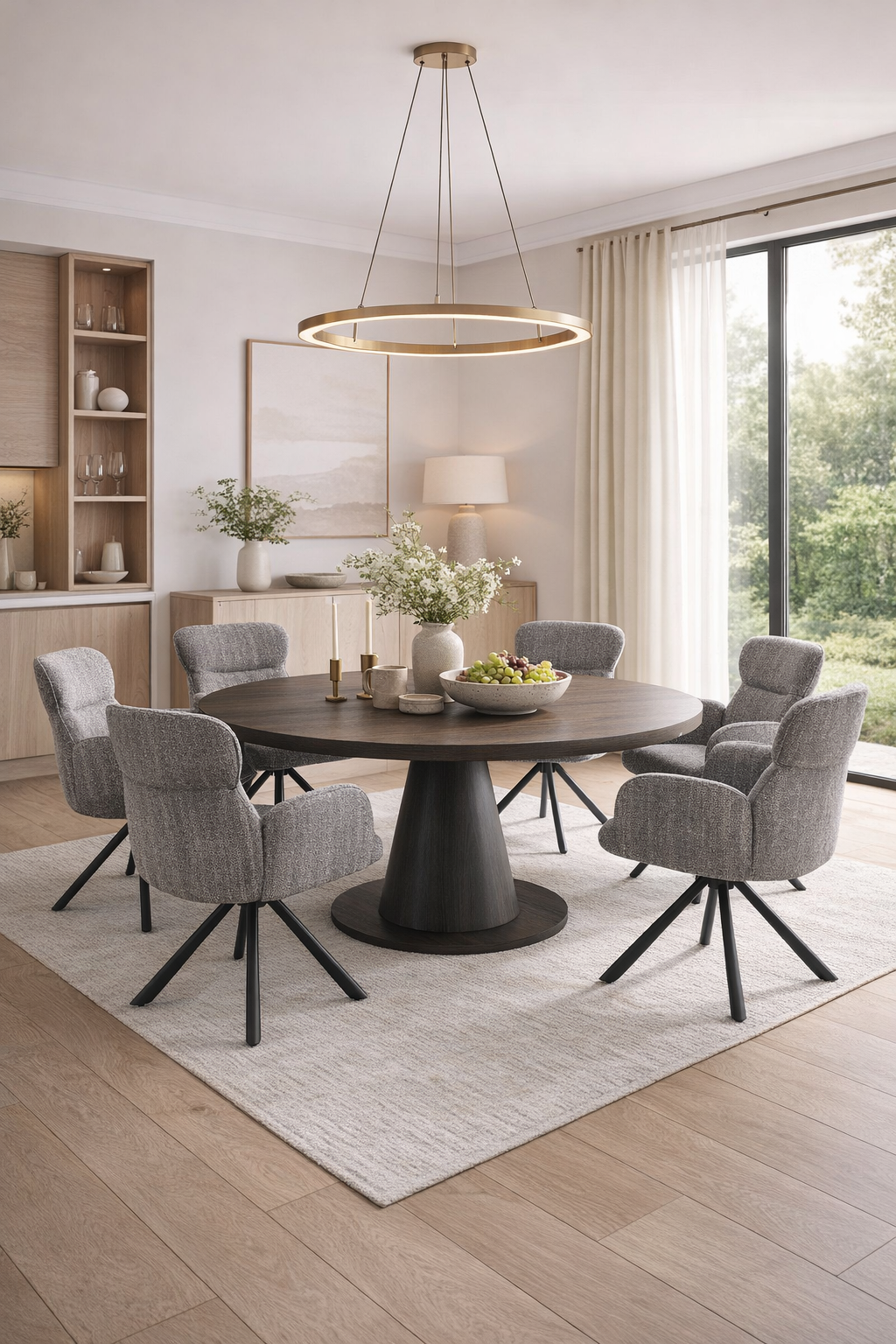 Krzesło PUCHATEK – eleganckie, obrotowe krzesło tapicerowane w popielatym odcieniu w nowoczesnej jadalni.