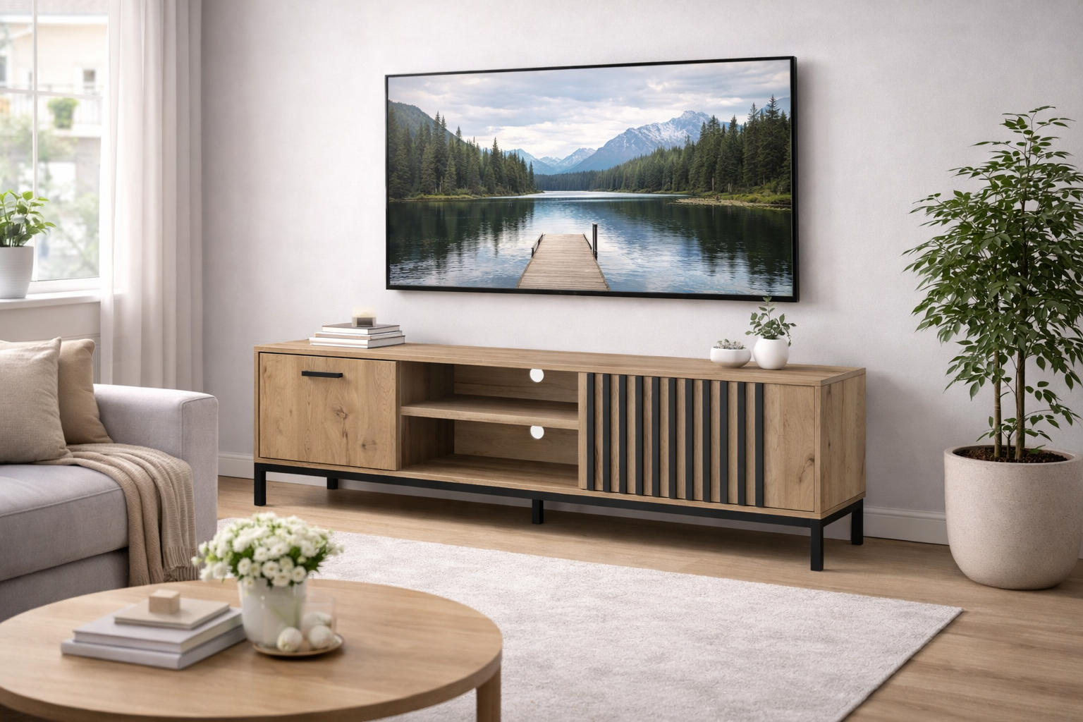 Szafka RTV KRATES 180cm - kolor dąb i czarny