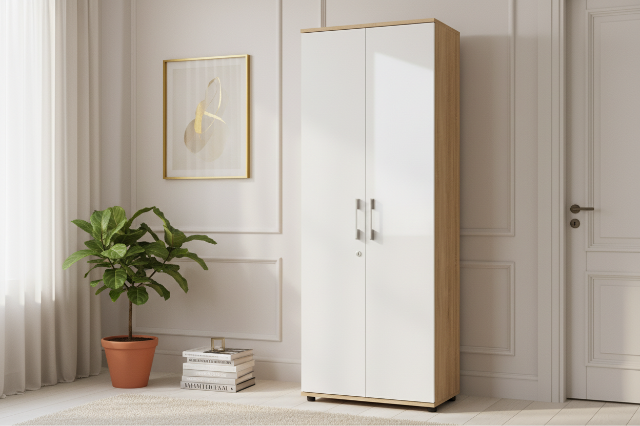 Regał 60 cm Dąb Sonoma Białe Drzwi z Zamkiem na Segregatory