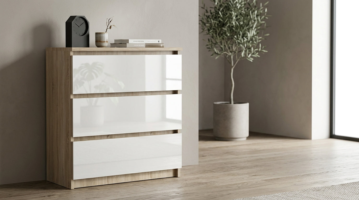 Komoda RICO bezuchwytowa trzy szuflady sonoma akryl wysoki połysk 70 cm