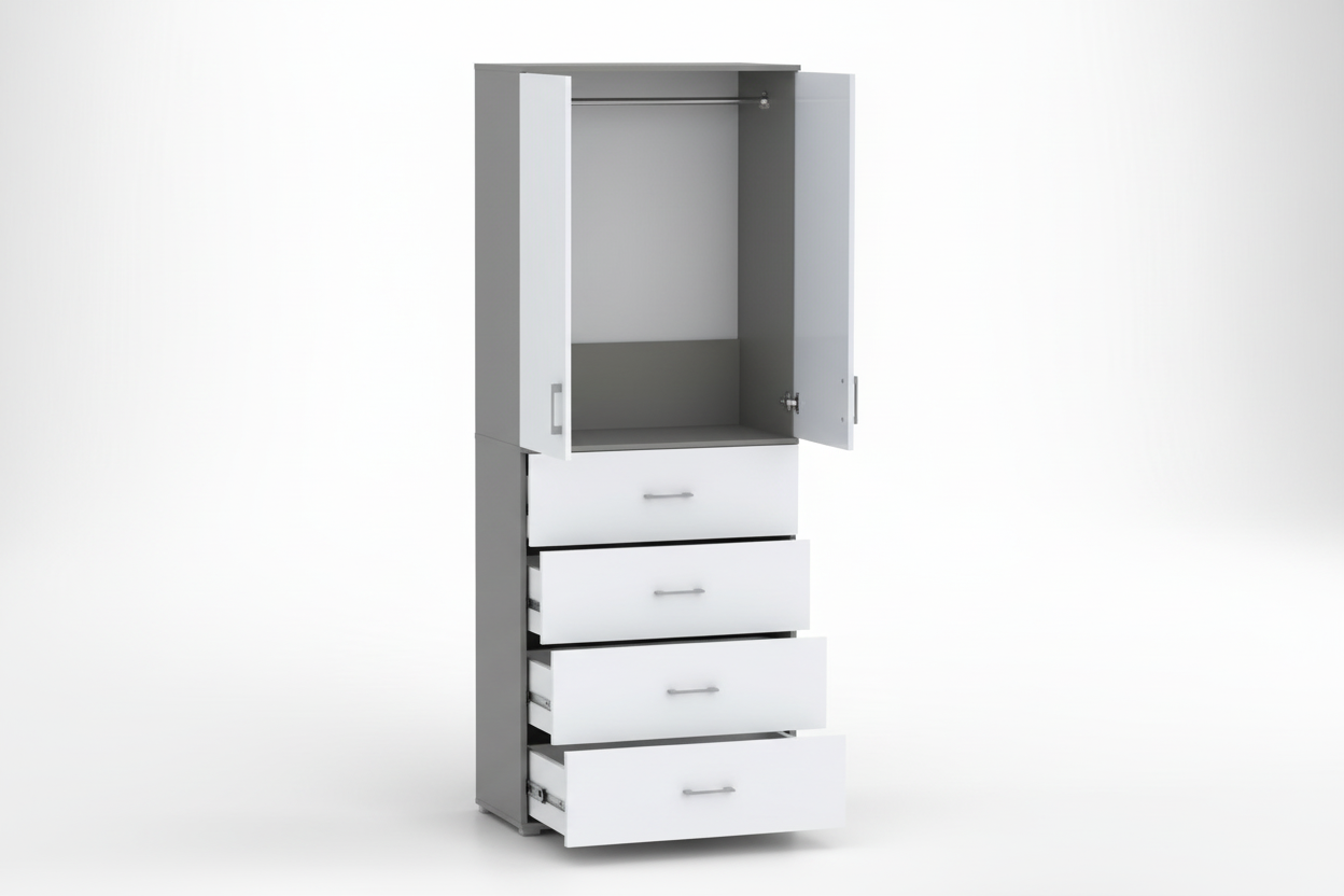 Szafa Pola 215 cm z drążkiem, 4 szuflady, szara z białymi frontami (60-80 cm)