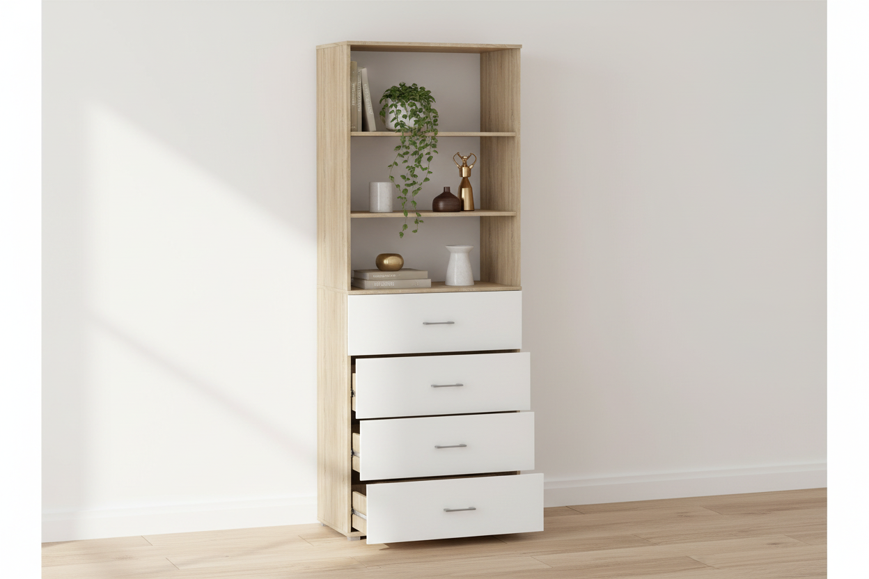 Regał POLA z 4 szufladami, Dąb Sonoma / Biała, różne szerokości