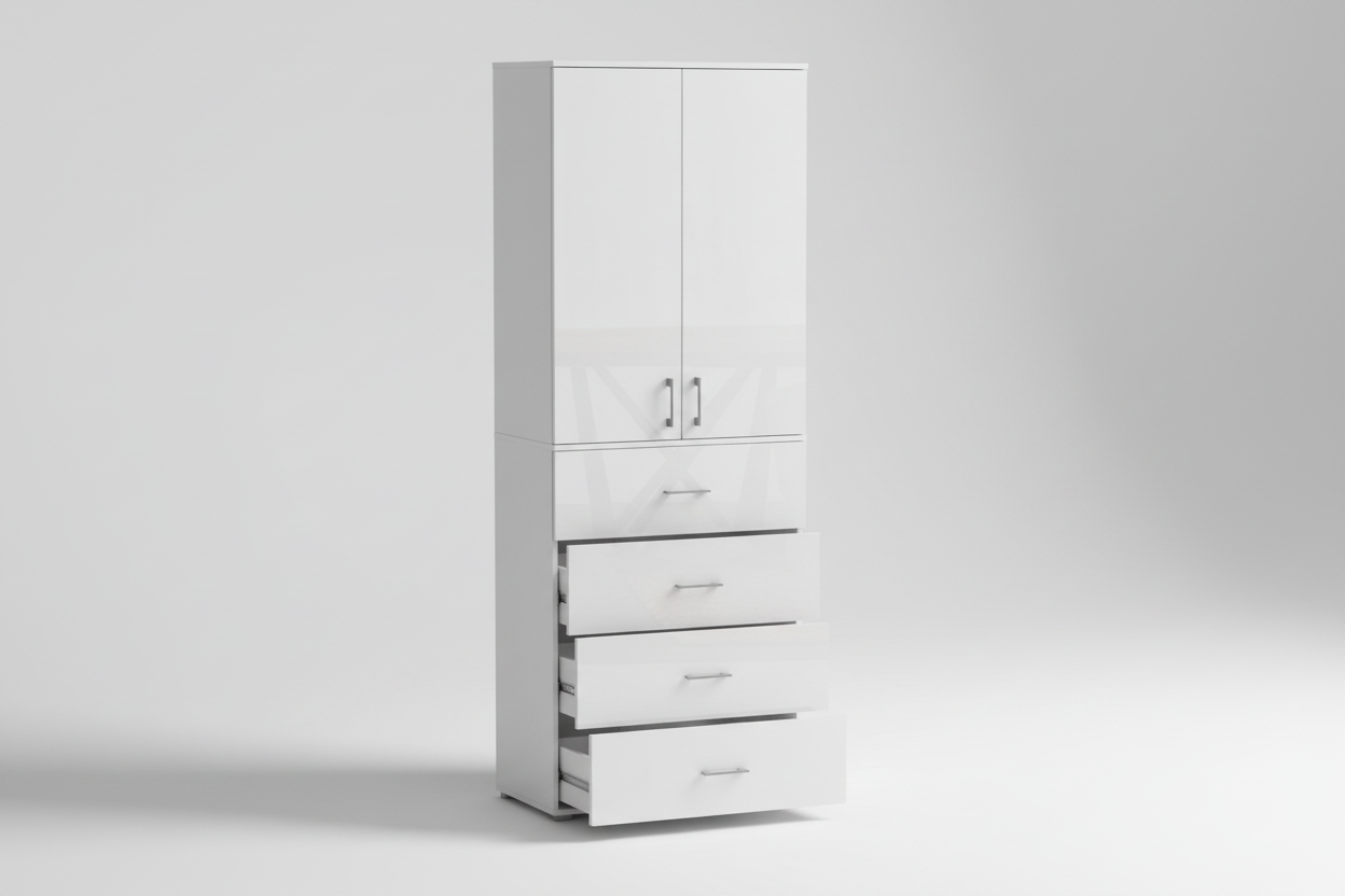 Regał POLA 215 z 4 szufladami i drzwiami. Różne szerokości. Biały Połysk.