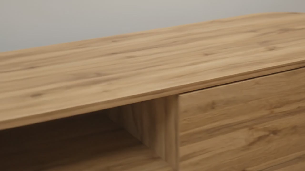 Załaduj wideo: Szafka RTV CIRKLE 180 dąb wotan, zaokrąglone krawędzie