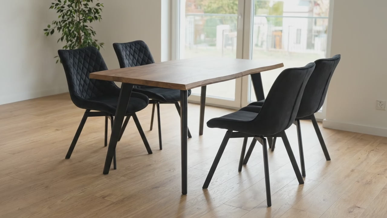 Załaduj wideo: Zestaw: Stół Rozkładany Vega + 4 Krzesła Welurowe Draco (Czarne)