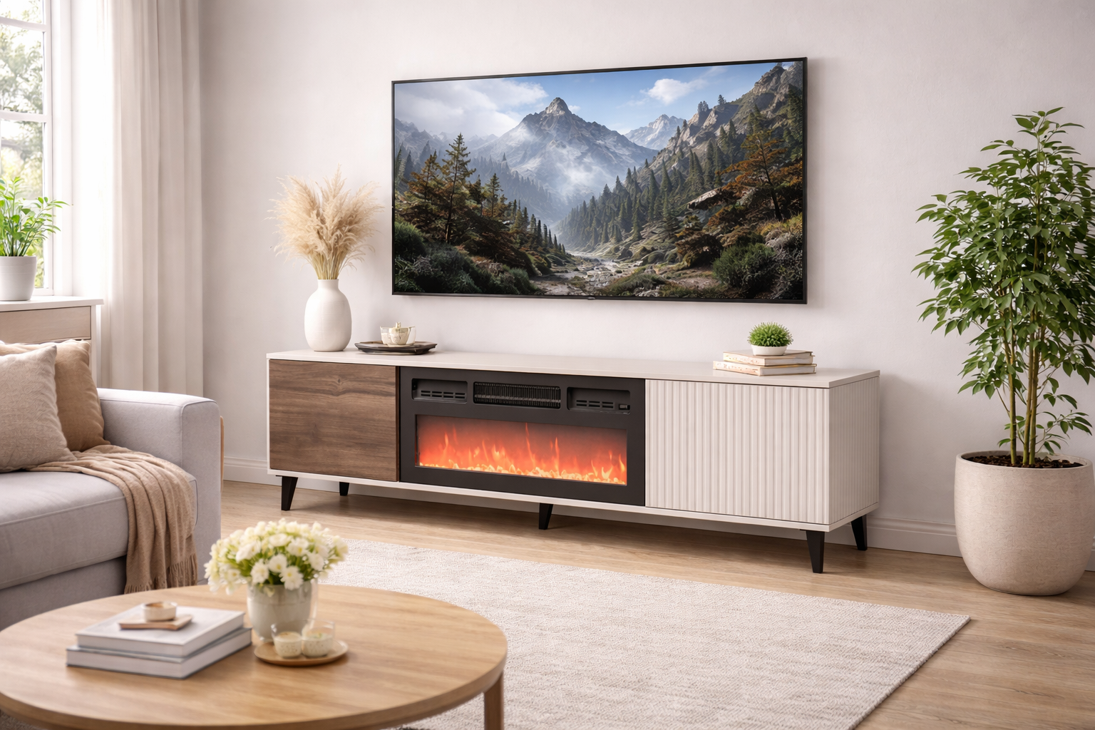 Szafka RTV Kominek 180 cm - kolor dąb, czarny, biały