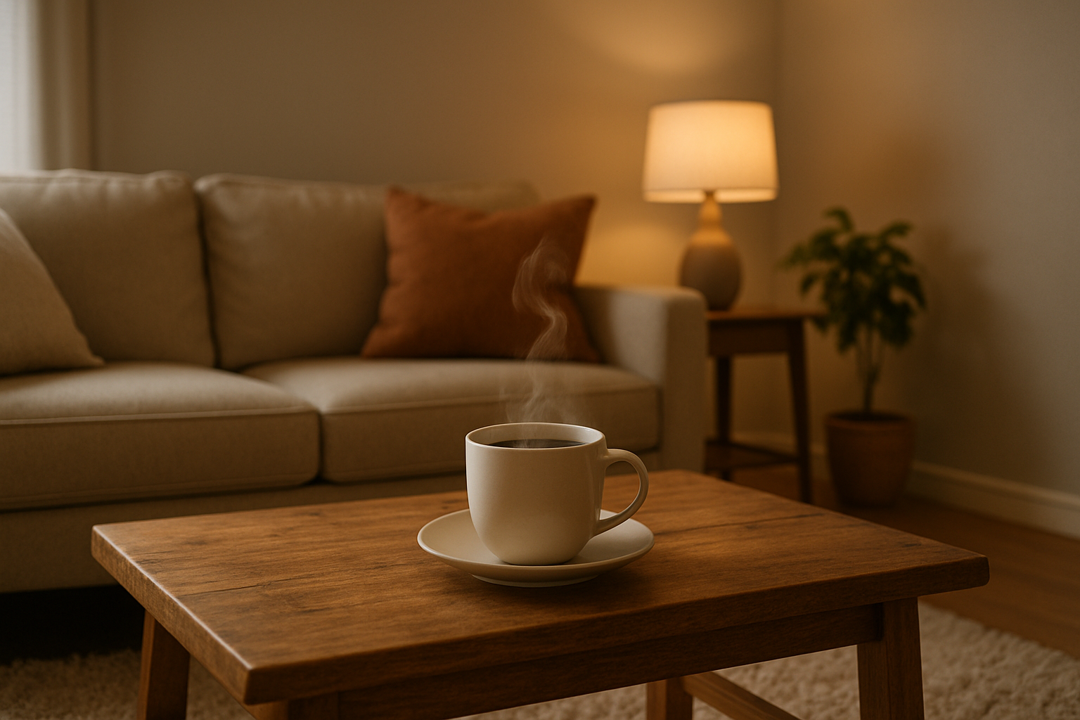 wygeneruj mi typowy stolik kawowy z gorącą kawą na stole, w przytulnym pomieszczeniu z dywanem i jasno szarymi ścianami. Wszystko ma do siebie pasować